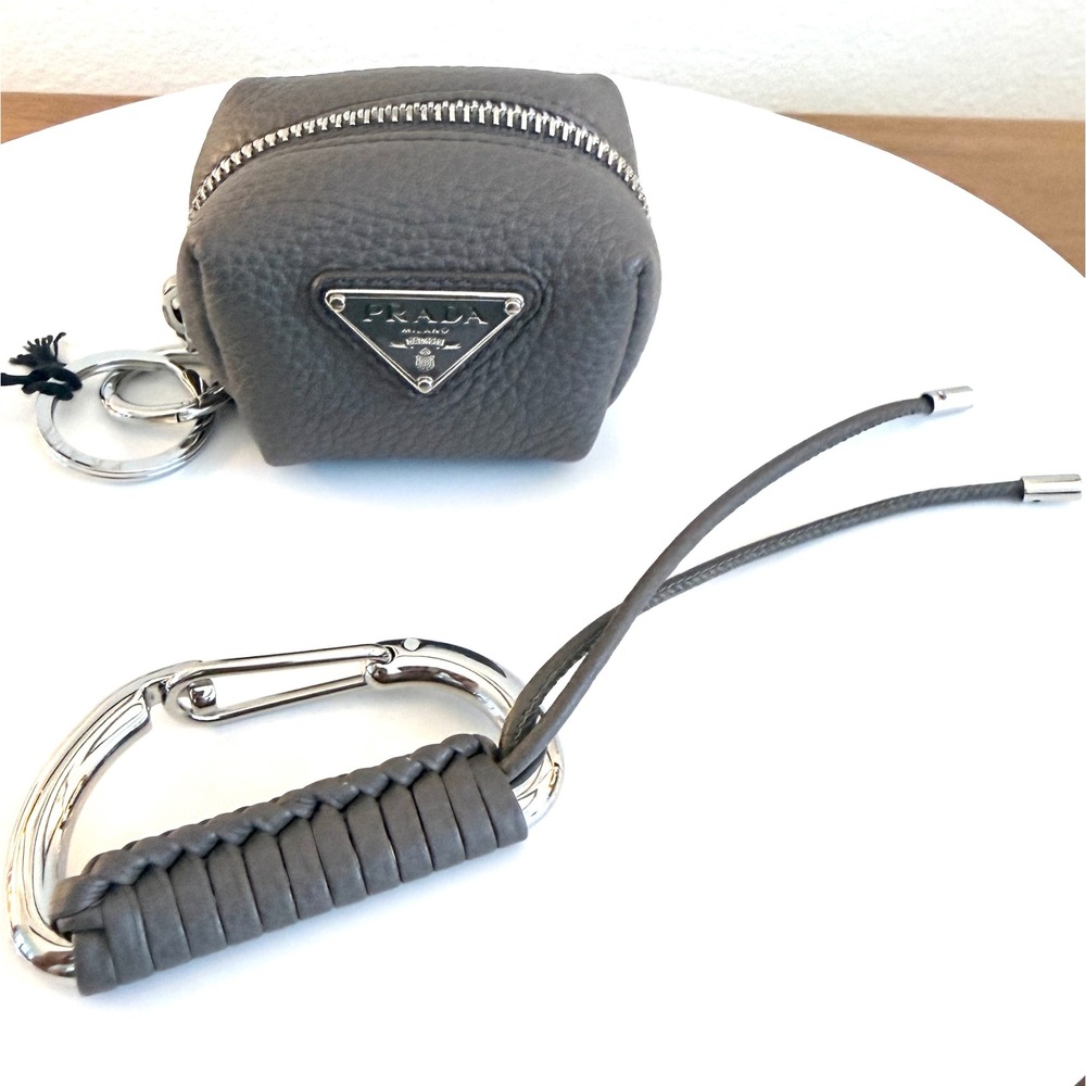 Prada 2TL547 Vitello Gray Daino Leather Pouch Keychain Carabiner Clip
